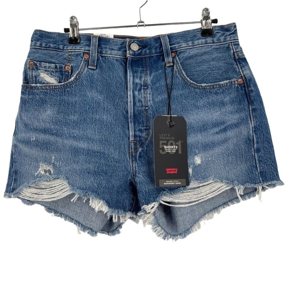 New Levi's Size 29 501 Jean Shorts High Rise Cutoff Button Fly Distressed Blue